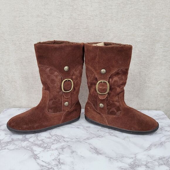 Coach Meyer Mid Winter Boots Brown Logo Signature Suede Women's Size 8.5 - Picture 6 of 15